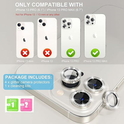 Choiche [3+1 for iPhone 13 Pro/iPhone 13 Pro Max Camera Lens Protector Bling, 9H Tempered Glass Camera Cover Screen Protector Metal Ring Decoration Accessories (Diamond-Silver)
