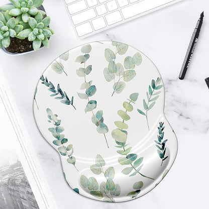 ITNRSIIET Ergonomic Mouse Pad with Gel Wrist Support Small Wrist Rest Smooth Surface Non-Slip PU Base Comfortable Office Supplies Pain Relief, 8.7 x 7.2 inches, Eucalyptus Branches