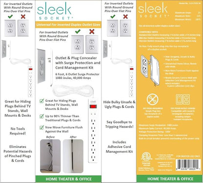 Sleek Socket Original & Patented Ultra-Thin Outlet Concealer with Cord Concealer Kit, Flat Extension Cord with Multi Outlets Surge Protector Power Strip, Ideal for Home Office and Home Theater