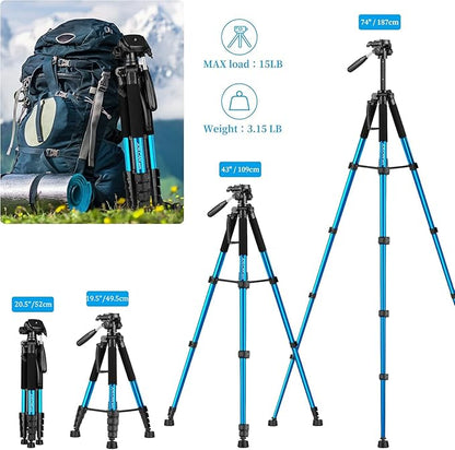 JOILCAN Tripod Camera Tripods, 74" Tripod for Camera Cell Phone Video Recording, Heavy Duty Tall Camera Tripod Stand, Professional Travel DSLR Tripods Compatible with Canon iPhone, Max Load 15 LB