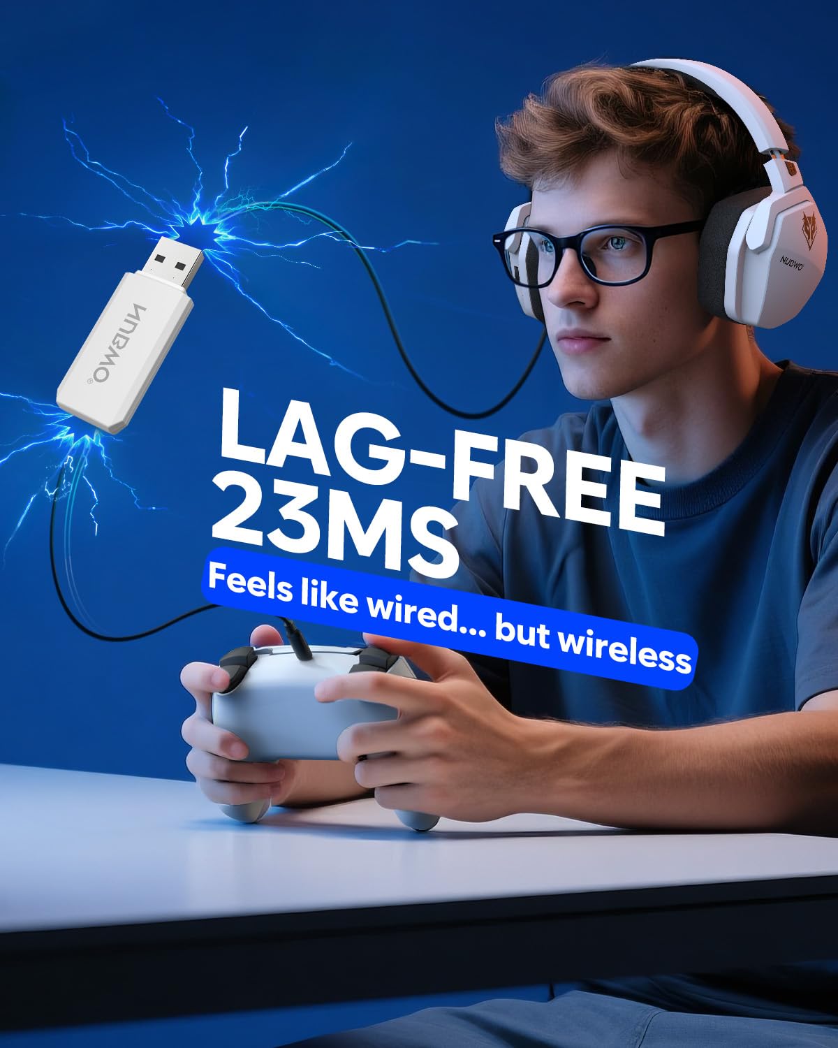 NUBWO Wireless Gaming Headset with Mic for Ps5 Ps4 PC, Zero Interference, 100-Hour Battery All-Day Play, 23ms Sync for Fortnite & Call of Duty/FPS Gamers, Triple Mode All Devices Compatible - White