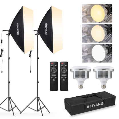 BEIYANG Softbox Lighting Kit, 2x20''x28'' Photography Soft Box with 2 pcs 6000K E27 LED Socket LED Bulbs, Studio Lights for Photography/Video Recording/Live Streaming