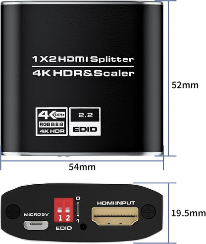 1x2 HDMI Splitter, HDR 4K@60Hz HDMI spliter 1 in 2 Out, Supports HDMI 2.0, HDCP 2.2, Mirror Screen Monitors Supports EDID Control for Xbox PS3/4/5 PC DVD Fire Stick Blu-Ray Player TV