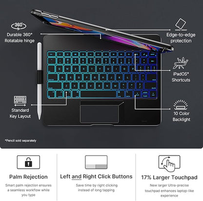 typecase Touch for iPad 9th Generation Case with Keyboard (10.2", 2021),Multi-touch Trackpad,10 Color Backlight, 360° Rotatable, Thin & Light for 8th Gen (2020),7th Gen (2019), Air 3,Pro 10.5 (Black).