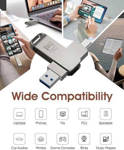 MOSDART 256GB USB3.1 Fast Speed C and A Dual Flash Drive, exFAT Memory Stick with Keychain Loop, for iPhone 15 and 16, Android Phone, iPad, MacBook, Silver