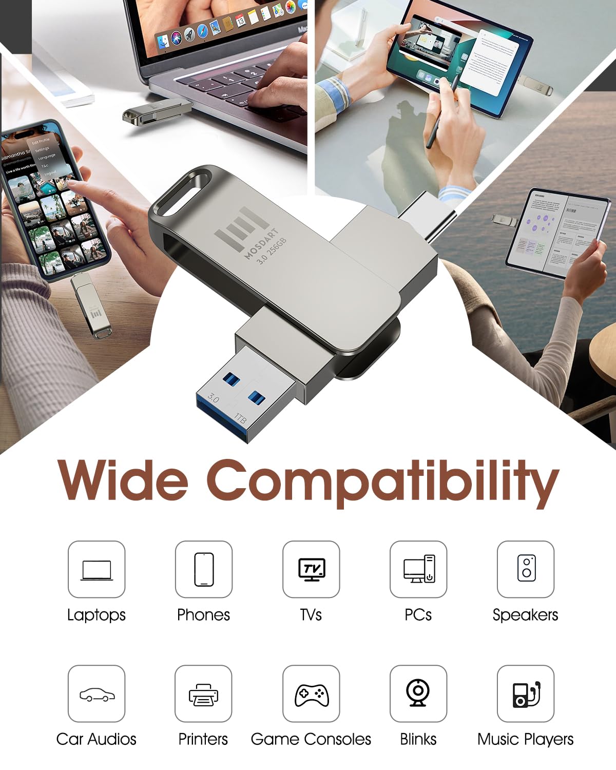 MOSDART 256GB USB C and USB A 3.2 150MB/s Swivel Dual Flash Drive, Silver