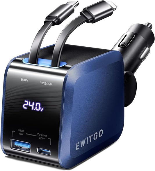 Retractable Car Charger, Car Accessories, 72W Fast Charging USB C Car Charger with 4FT Retractable Cables and 2 Ports, for iPhone 16 15 14 13 12, Samsung etc Dark Blue