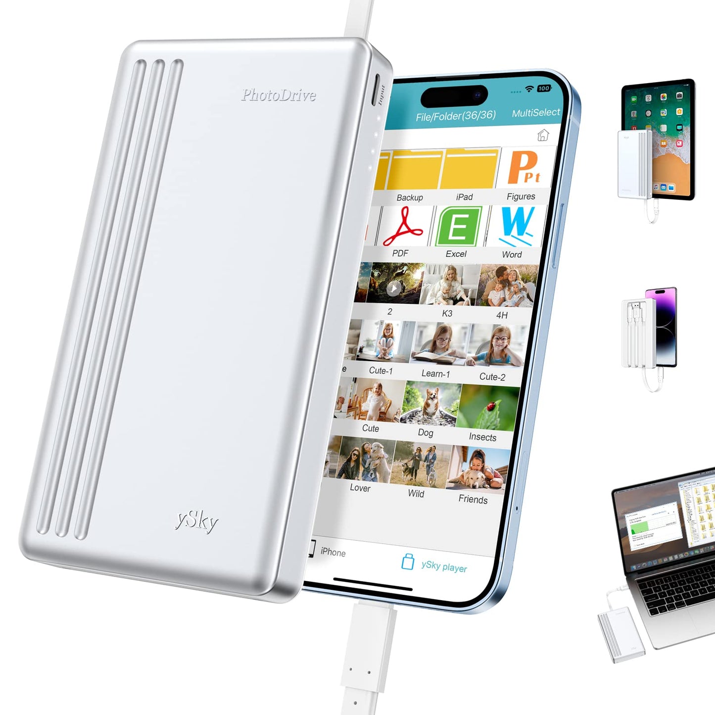 MFi Certified 2TB External Hard Drive for iPhone iPad MacBook Computer,Photo Stick USB Flash Drive Storage Device for iPhone 17/16/ 15/14/13 to Backup Photo| Video | Music| File 【One-Touch Backup】