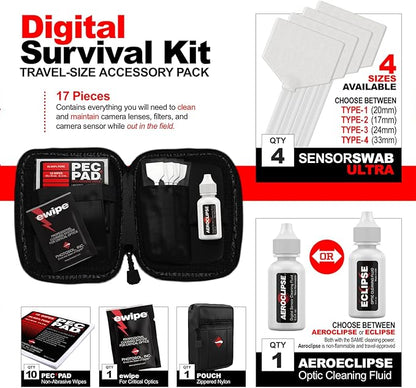 Photographic Solutions Digital Survival Kit - Type-2 (17mm) Sensor Swabs, PEC-PAD Photo Wipes, E-Wipe Packet, Aeroclipse Optic Cleaner Non-Flamable Solution - Camera Cleaning Kit with Travel Bag