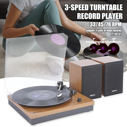 Bluetooth Record Player, 3-Speed Belt-Driven Turntable with Bluetooth Input& Output, Aux-in, Two 15W External Speakers, Retro Vinyl Player, Walnut