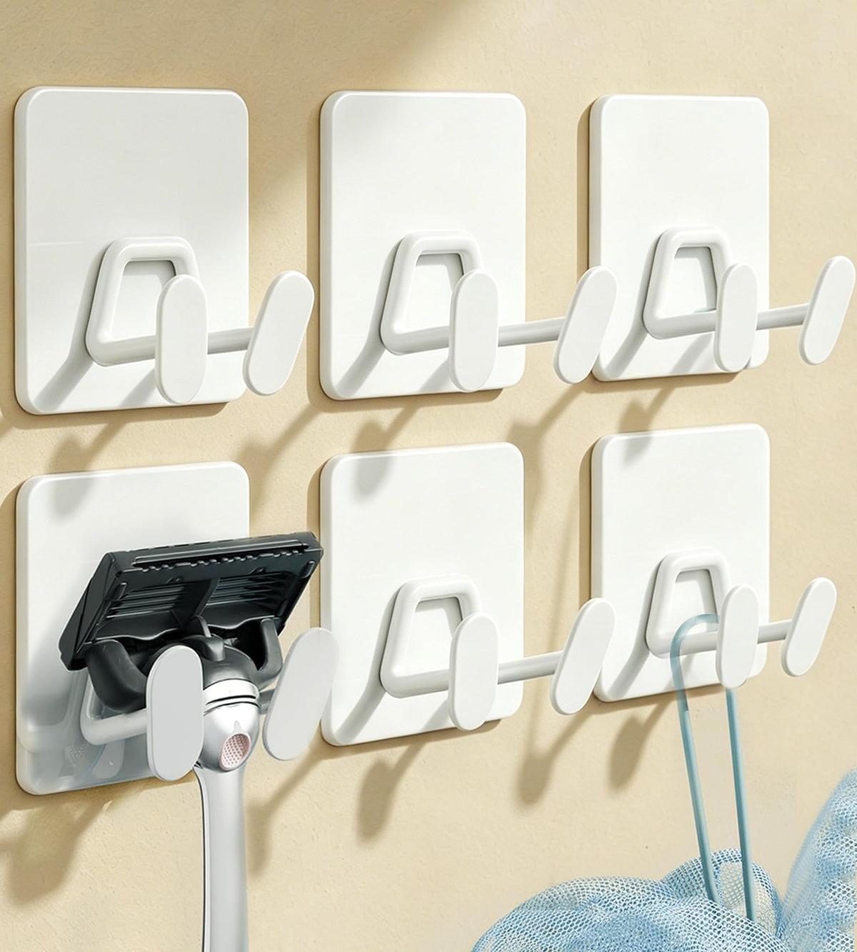 Adhesive Shower Hooks for Inside - Extra Sticky Razor Holder, White 4 Pack