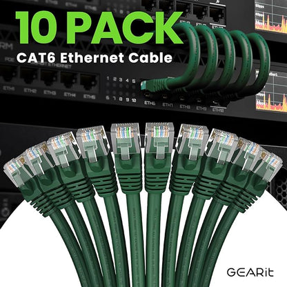 GearIT Cat 6 Ethernet Cable (10-Pack 15 Feet) Cat6 Network Patch, 10Gbps, RJ45, Snagless Cord, Gold-Plated Connectors, Internet for PC, TV, Tablet, Router, Printer, Servers, IT Data Center - Green