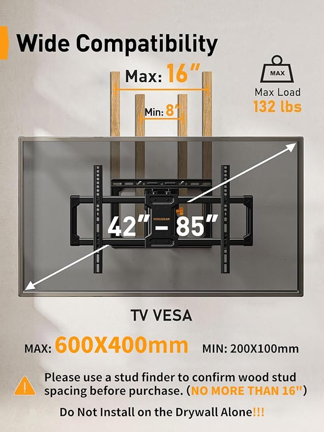 Perlegear UL Listed Full Motion TV Wall Mount for 42-90" TVs up to 132lbs