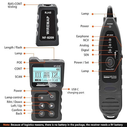NF-8209 Network Cable Tester for POE Test/CAT5e/CAT6/CAT6a LAN Ethernet Wire Tracer,Detect Voltage Measure Fault Distance by TDR,Telephone Line Continuity Testing and Length Measurement