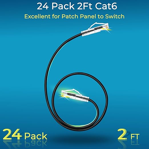 Rapink Patch Cables Cat6/ Cat6a 2ft (24 Pack) Slim, Cat6a Ethernet Patch Cable 10G Support, Snagless Cat 6 Patch Cable for Patch Panel to Switch, Flexiable Cat6 Ethernet Cable Black