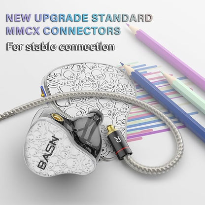BASN Bmaster5 in Ear Monitors, 5 Drivers Drummer Headphones with Powerful Bass, Noise Isolation IEM Earbuds with Detachable MMCX Sliver-Plated OFC Cable for Musicians (Glacier White, MMCX)