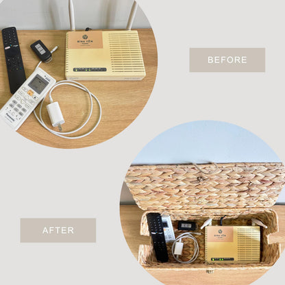 BINH YEN HOME Wicker Cable Management Box with Lid, A Handwoven Water Hyacinth Cords Hider Box for TV, Computer, Router, USB Hub to Hide Cords & Power Strip for Desk, Floor, Office, 16x6.9x6.9”