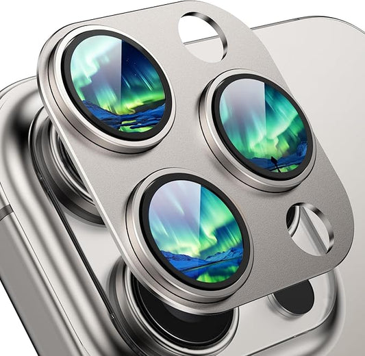 HelloDeere Compatible with iPhone 16 Pro Camera Lens Protector,[Shatterproof] [Strong Adsorption][AR Anti-Reflection] 9H Metal Aluminum Alloy Tempered Glass Camera Cover,Titanium
