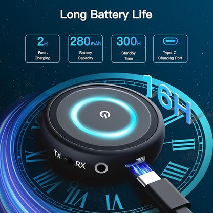 Bluetooth 5.3 Transmitter for TV/Airplane, 2-in-1 Bluetooth Transmitter Receiver for Home Stereo/Speakers/Headphones/PC/Car, Wireless Adapter w/3.5mm AUX/RCA Jack, Dual Link, Low Latency,16H