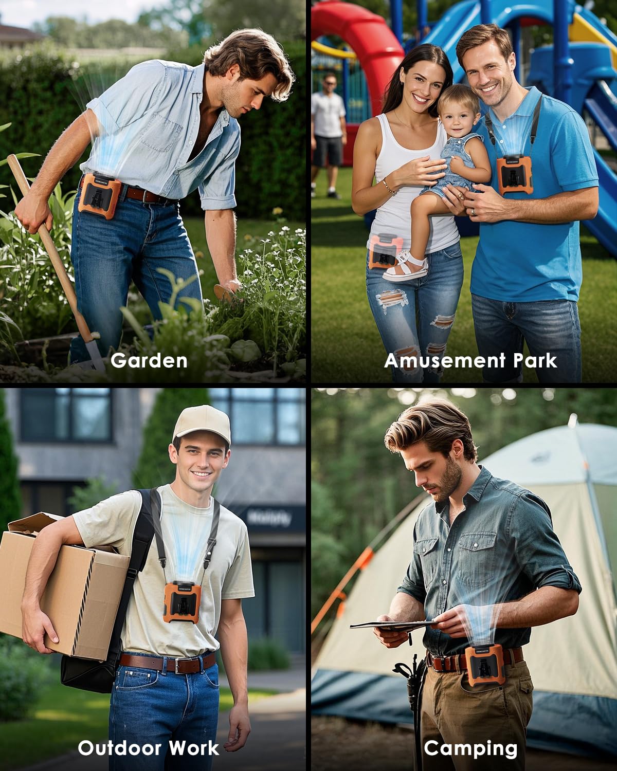 FANSEXPERT Portable Waist Fan Clip on, Personal Wearable Belt Fan 10000mAh Rechargeable Battery Under Shirt,5 Speeds with light, Neck Fan Hands-Free Cooling For Outdoor Camping Travel (Orange)