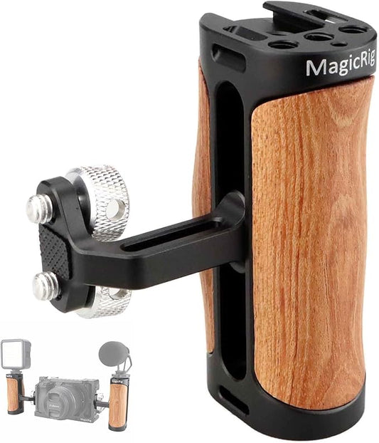 MAGICRIG Side Handle Wooden Handgrip with Two 1/4"-20 Screws for DSLR Camera Vlog Camera Cage, Portable Mini Handle for Left/Right Hand with Cold Shoe 1/4" 3/8" ARRI Thread