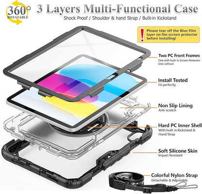SEYMAC stock Case for iPad (A16) 11th/10th Generation 11''/10.9'' 2025/2022, Full-Body Drop Protection Case with Screen Protector &360° Rotate Hand Strap/Stand, Transparent+Black