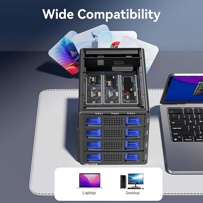 Hybrid 2*2.5/3.5" SATA HDD/SSD+6* M / B+M Key M.2 NVMe Enclosure with Cooling Fan and USB A/C 3.2 Gen 2, Hard Drive Enclosure Support 92TB(2*22TB HDD+6*8TB 2230/2242/2260/2280/22110 SSDs)