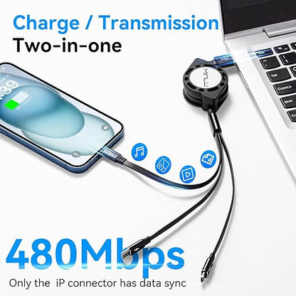 MINLU Multi Charging Cable, 3 in 1 Retractable Charging Cable [4A 1.2M] USB Charging Cord, Phone Charger Cables with IP/Type-C/Micro for iPhone/Galaxy/Pixel/Tablets