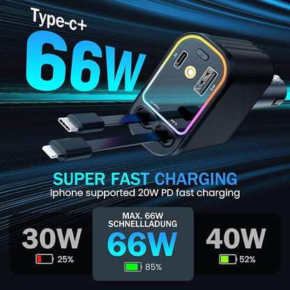 Car Charger with Starlight, 66W USB C Fast Car Chargers Adapter, 4 in 1 Retractable Car Charger with 2 USB Ports for iPhone16/15/14/13/12/11 and for Android (Black)