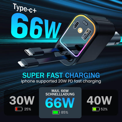 4 in 1 Retractable Car Chargers with Starlight, 66W USB C Fast Car Charger Adapter with 2 USB Ports for All iPhone 15/14/13/12/11 and for All Android (Black - RedLight)