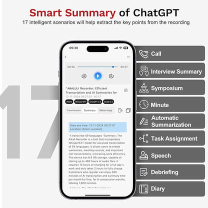 AI Voice Recorder with Transcribe Summarize: Note Voice Recorder with APP Control, 30H Continuous Recording, 64GB Memory Support 100+ Languages, AI Recorder for Calls, Lectures, Meetings