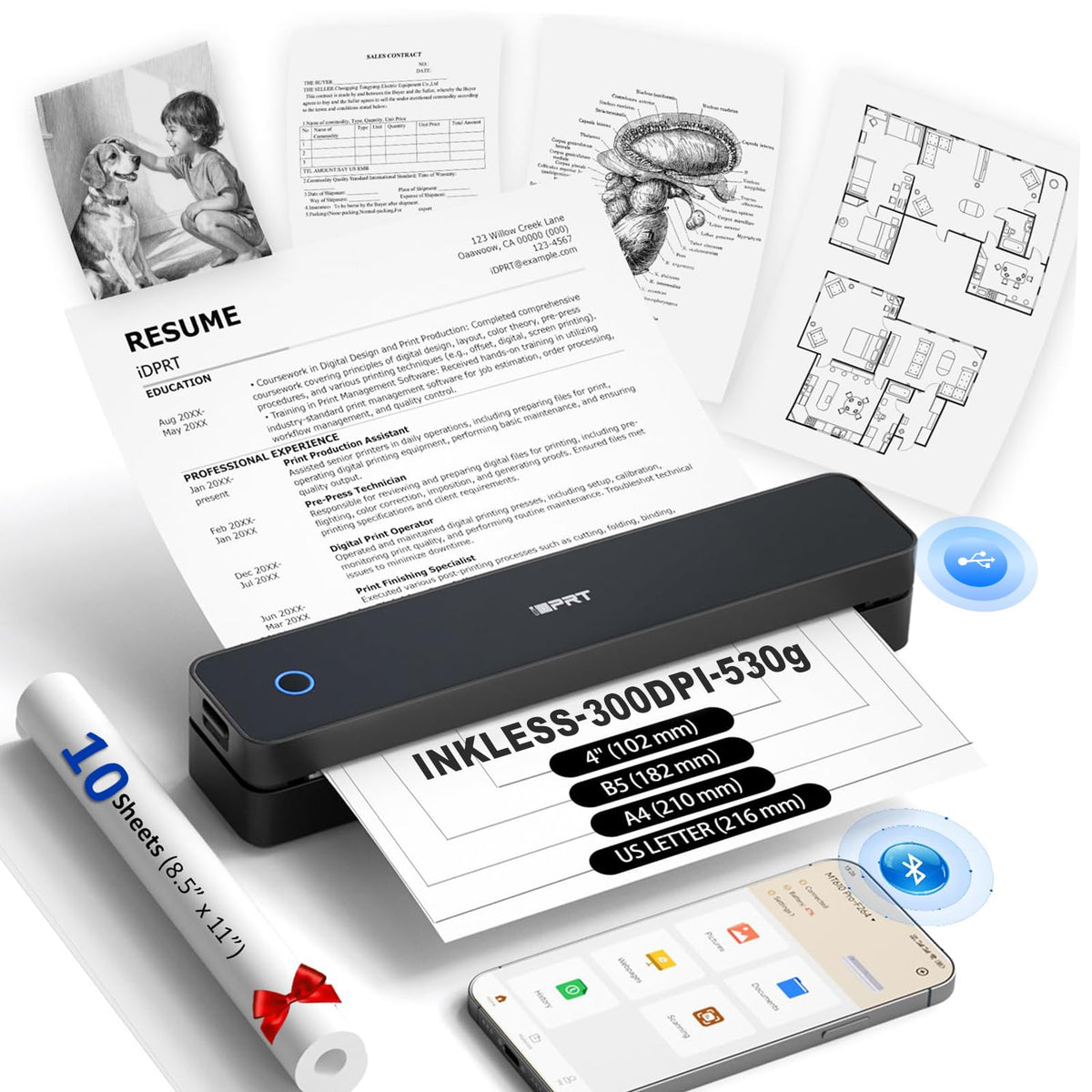 Inkless Portable Printer for Travel, MT610Pro Wireless Thermal Printer