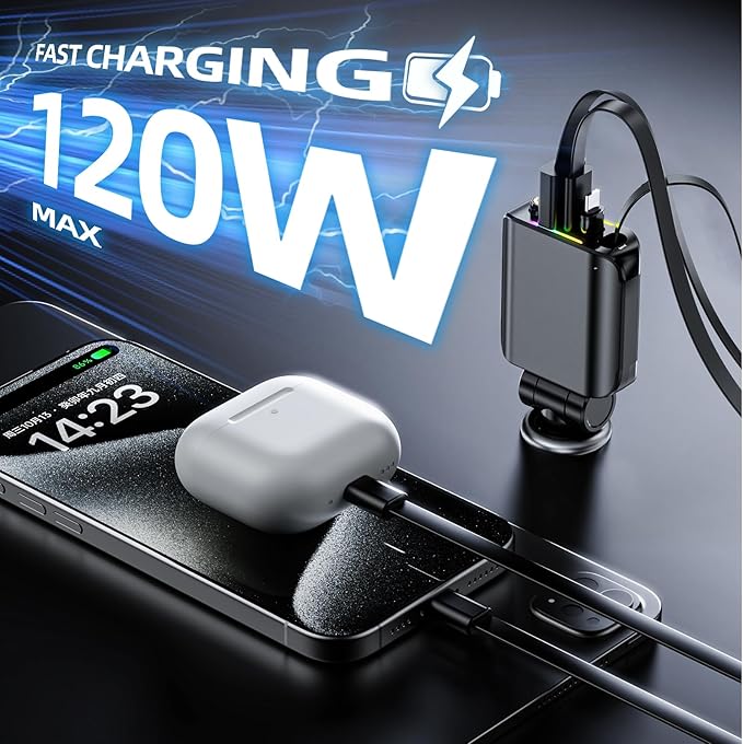 [2025 Ultra-Slim, 75% Less Space] Retractable Car Charger with Starlight, Max 120W USB C Car Charger Adapter, Cars Phone Chargers Fast Charging, Car Chargers for iPhone 16 15 Pro Max Plus and Android