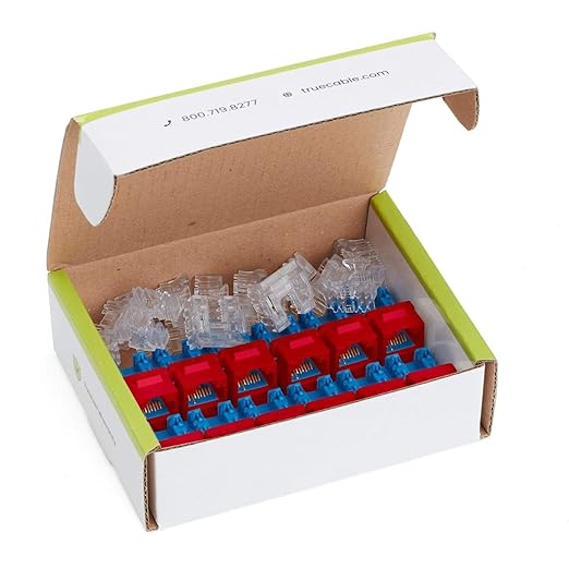 trueCABLE Cat5e Keystone Jack, Unshielded (UTP), 90 Degree Punch-Down, PoE++ (4PPoE) 100W, UL Listed, ETL Verified, ANSI/TIA Certified, Modular RJ45 Female, Red, 12 Pack