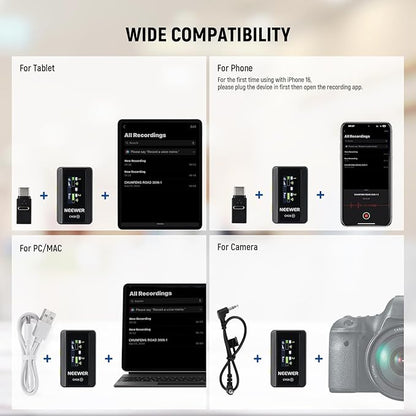 NEEWER CM28 Wireless Lavalier Microphone System with Charging Case, 2 Mic Clips, 1 Click Noise Canceling, 4GB Storage, 9H Playtime, Lavalier Lapel Mic Compatible with iPhone/Android/PC/Camera/iPad