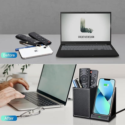 Wireless Charger with Desk Organizer, Wireless Charging Station for iPhone 13/13 Pro Max/13 Pro/12 Series/11/XS Max/XR/X/8Plus/SE 2, Wireless Charging Stand with Leather… (Black S)