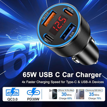 USB C Car Charger,2Pack 65W 4 Port Fast Charging Car Phone Charger with Voltage Display,Multi Port Cigarette Lighter Adapter USB Chargers for iPhone 16 15 14 13 Pro Max,Galaxy S25,iPad,Pixel,Android