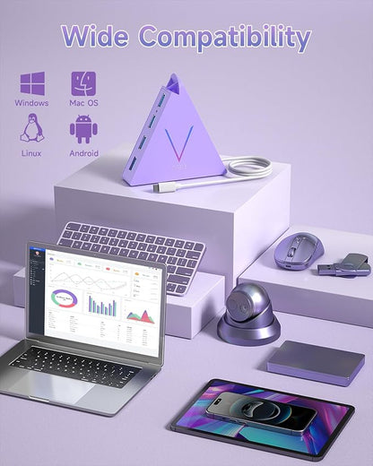 USB C Hub, USB Type C to 4-Port USB 3.0 Adapter for MacBook, Surface, Laptop, Flash Drive, Mouse, Keyboard, HDD (2ft, Light Purple)