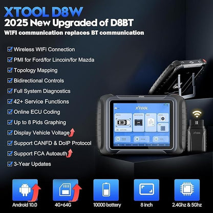 XTOOL D8W OBD2 Scanner Diagnostic Tool Wireless Bidirectional Scan Tool with Topology, ECU Coding, 42 Reset, Active Tests, Crankshaft Relearn, All System PMI, CANFD/DoIP FCA, 3-Yr Update