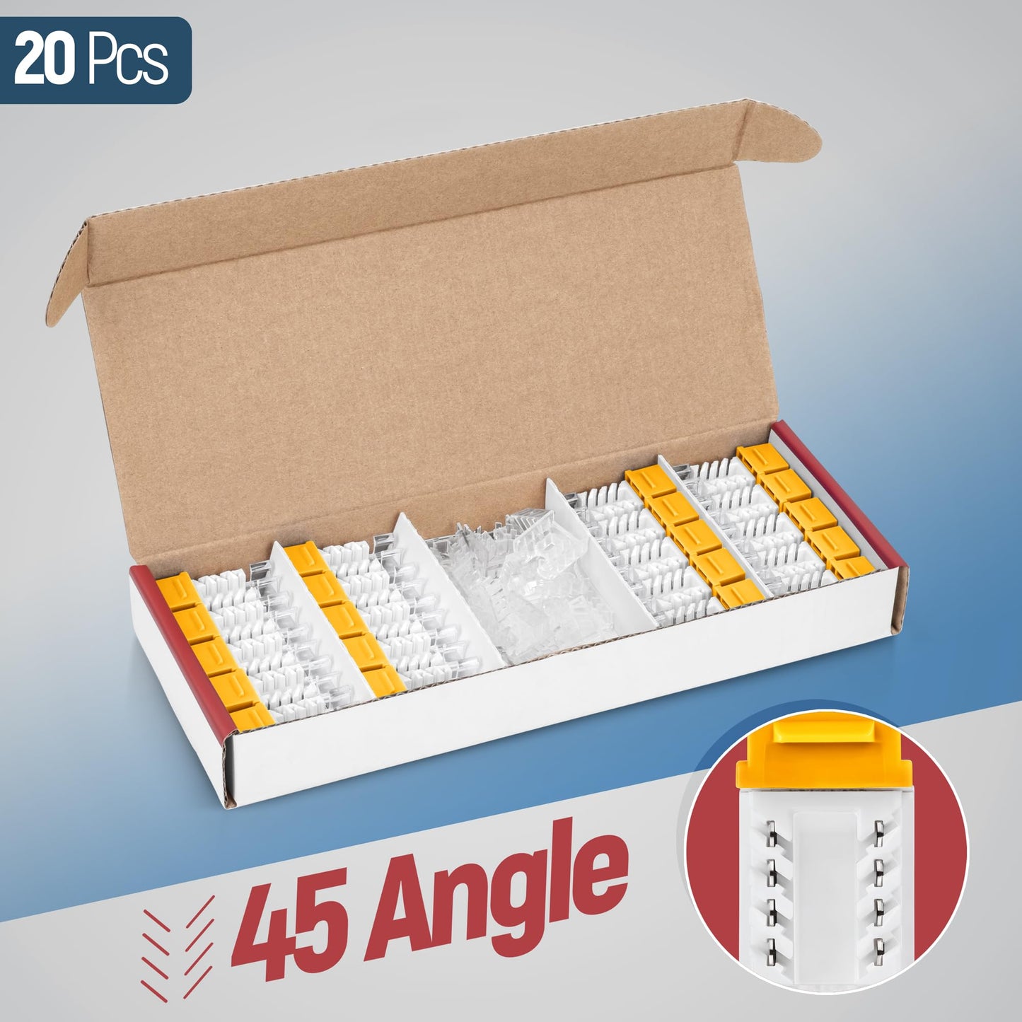 Everest 45 Degree RJ45 Cat6 Keystone Jacks Slim Profile 20-Pack Yellow