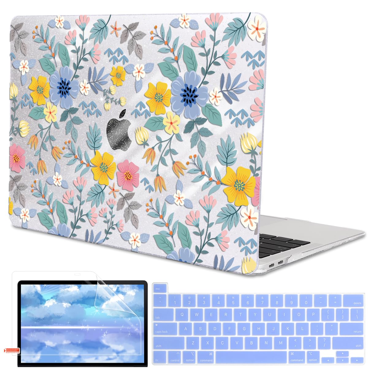 LCMOCICO for MacBook Pro 13 Inch Case 2022 M2 2020 2021 A2338 M1 A2251 A2289 with Touch Bar & Touch ID, Plastic Hard Case Keyboard Cover Screen Protector Webcam Cover Brush, Tropical Blue Flowers