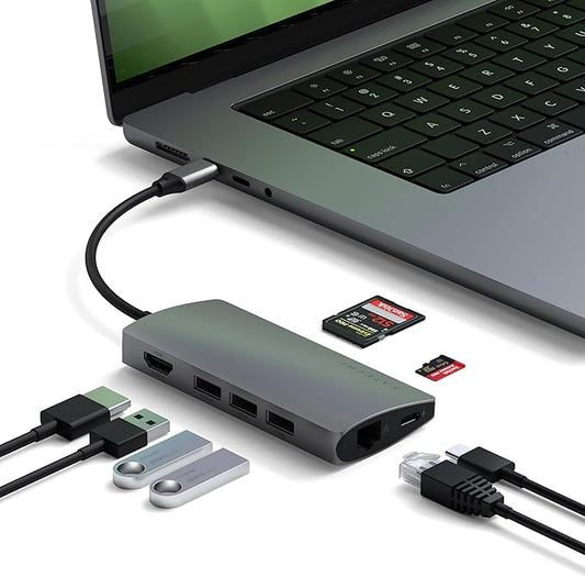 Satechi 8 in 1 USB C Hub Multiport Adapter V2, 4K HDMI, 115W USB C PD Charging, 3 USB-A, Ethernet, Micro/SD Card Readers, for Laptop, MacBook Air/Pro/Neo, iPad Air/Pro, Windows - Space Gray