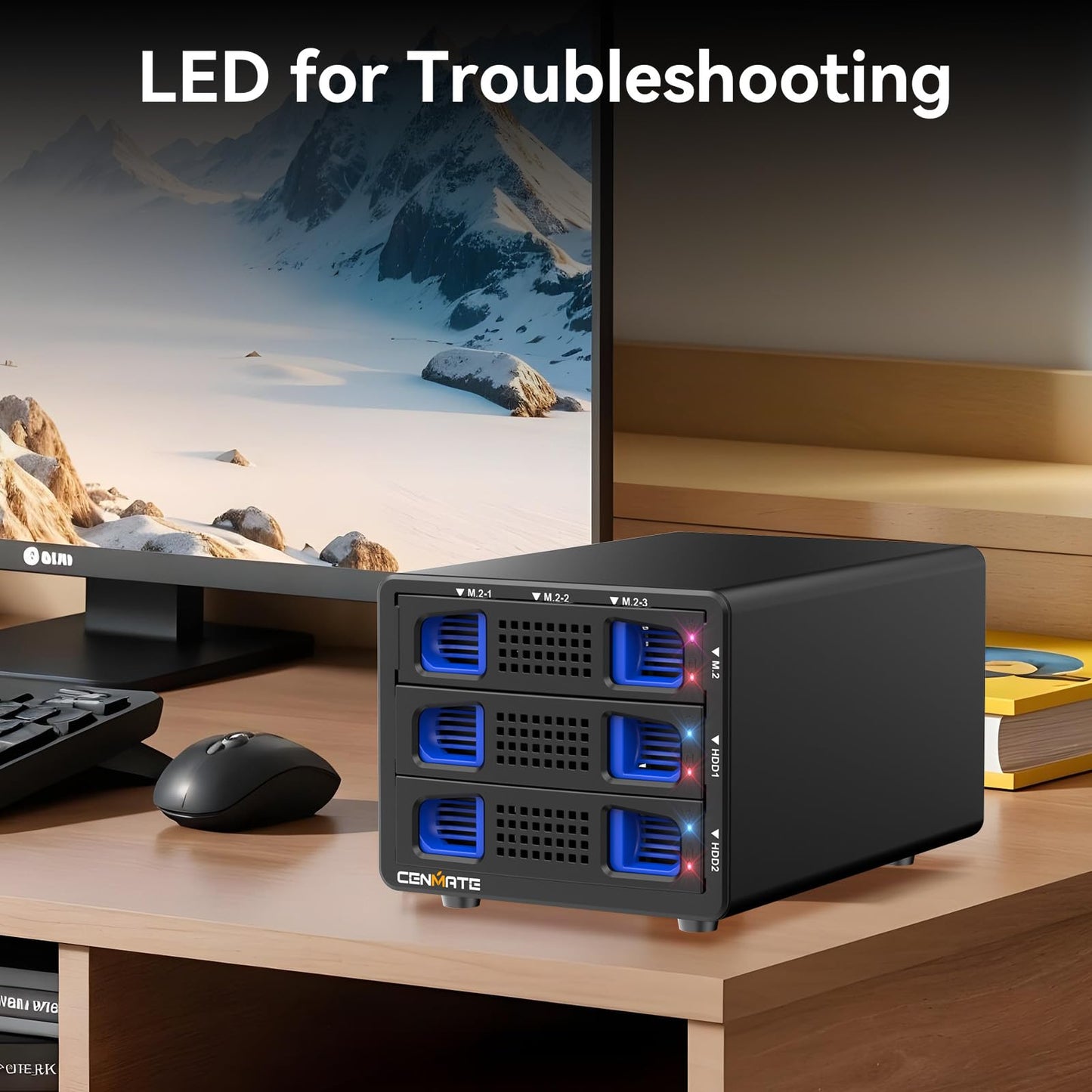 Hybrid 2*2.5/3.5" SATA HDD/SSD(Support RAID 1/0/JBOD/NORMAL)+3* M / B+M Key M.2 NVMe Enclosure with Fan, USB A/C 3.2 Gen 2, Hard Drive Enclosure Support 68TB(2*22TB HDD+3*8TB 2230/42/60/80/110 SSDs)
