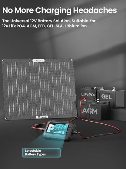 POWOXI 50W Solar Battery Charger: 12V Solar Car Battery Trickle Maintainer - with MPPT Controller Parameter Adjustable - for RV Boat Marine Motorcycle Trailer Truck Tractor - Solar Panel Kit