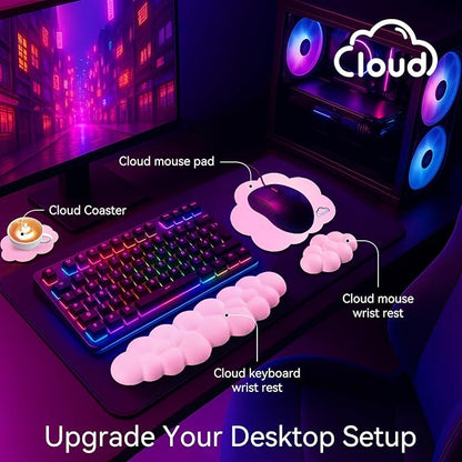 Cloud Wrist Rest for Computer Keyboard, 4-in-1 Memory Foam Leather Cloud Keyboard Wrist Rest and Mouse Pad Set with Ergonomic Support for Arm and Palm Cushion, Gaming/Work Setup, Pink
