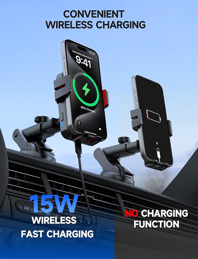 MOKPR Wireless Car Charger, 15W Auto Clamping Car Charger Dash Windshield Air Vent Phone Holder Compatible with iPhone 16 15 14/13/13 Pro/12 pro/12/11/X/8, Samsung S24/S23/S22, red