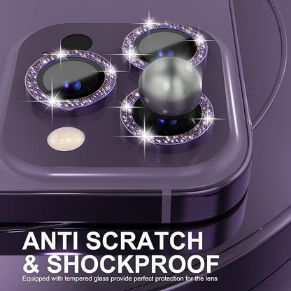 Choiche [3+1 for iPhone 14 Pro/iPhone 14 Pro Max Camera Lens Protector Bling, 9H Tempered Glass Camera Cover Screen Protector Metal Ring Decoration Accessories (Glitter-Purple)