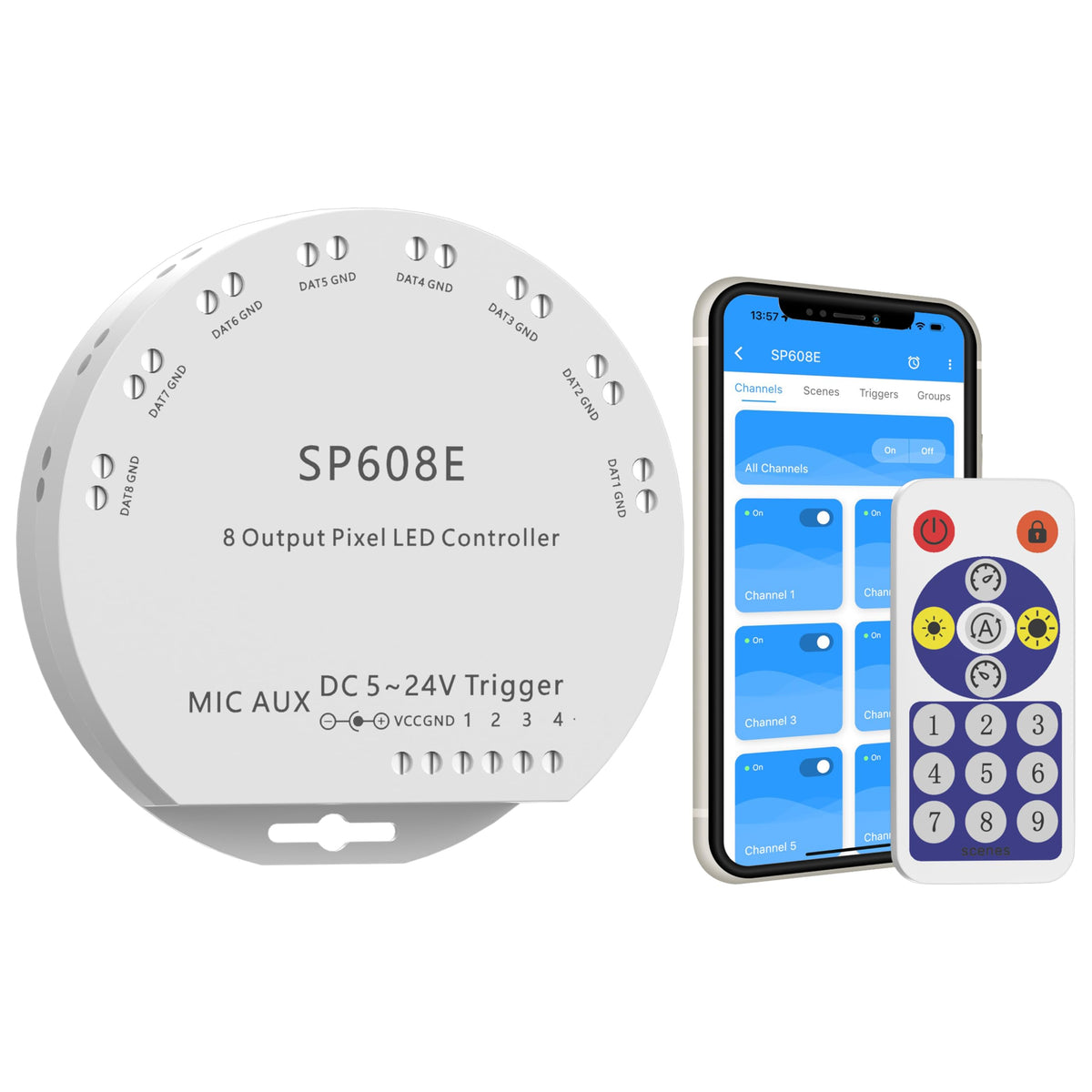 PAUTIX SP608E SPI Pixel LED Controller with 8 Signal Outputs,Work with RGB Smart IC COB LED Strips,Built-in Mic/AUX Music Bluetooth for WS2811 LED Module Pixel Strip Light APP/Remote/Trigger Control