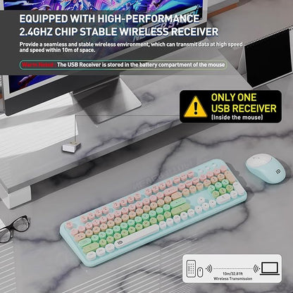 Wireless Keyboard and Mouse Set, 105 Round Keys Full-Size Cute Colorful Keyboard and Mouse with Retro Typewriter for PC/Mac/Laptop/Tablet/Computer/Windows Light Blue