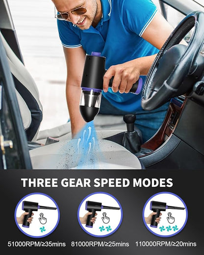 CLEVAST Compressed Air Duster - 3 Gear 110000RPM Electric Air Duster, 3 in 1 Versatile with LED - Cordless Dust Blower & Mini Vacuum & Inflating for PC, Computer, Keyboard, Rechargeable Canned Air